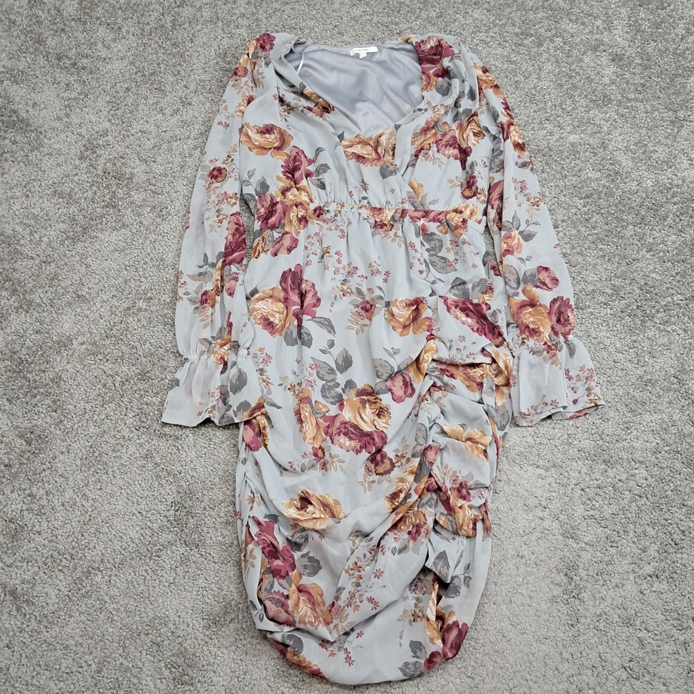 Maurices Womens Floral Ruched Wrap Dress Blue Grey Rose Long Bell Sleeve Medium